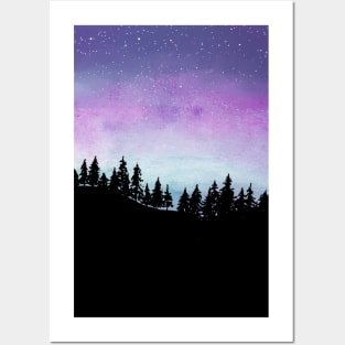 Purple and Blue Galaxy Sky - Watercolour Landscape with Tree Silhouette (full bleed version) Posters and Art